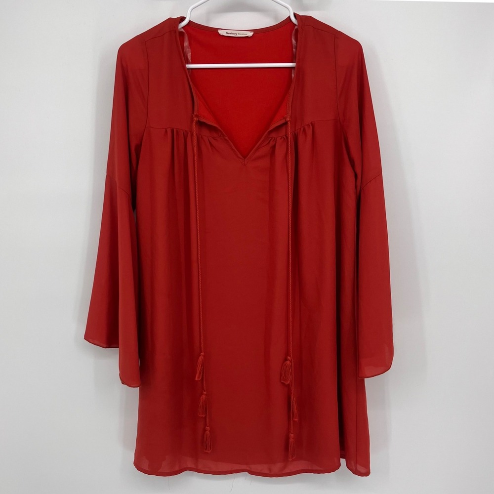Newbury Kustom Mini Dress Small Red Bell Sleeve Tassel Neck Boho Fall‎ Boots